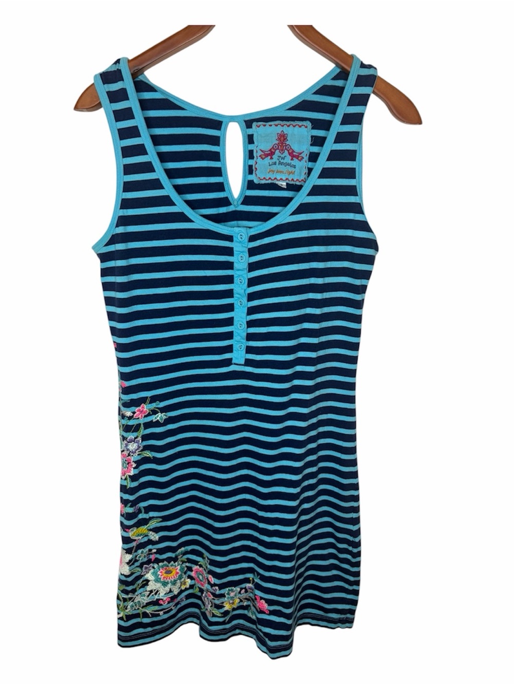 Johnny Was LA Small Tank Dress Sleeveless Stripe Floral Scoop Neck Embroidered.